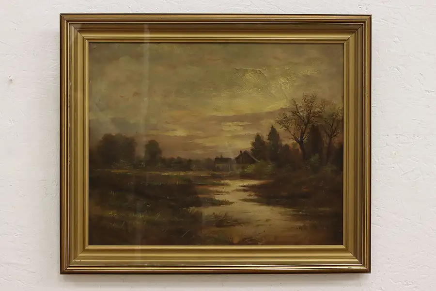 Main image of Farmhouse with River Antique Original Oil Painting, Meyer 24"