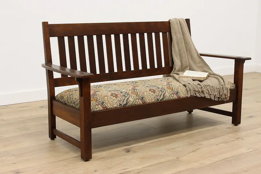 Main image of Craftsman Antique Arts & Crafts Mission Oak Hall Bench or Settee, Limbert