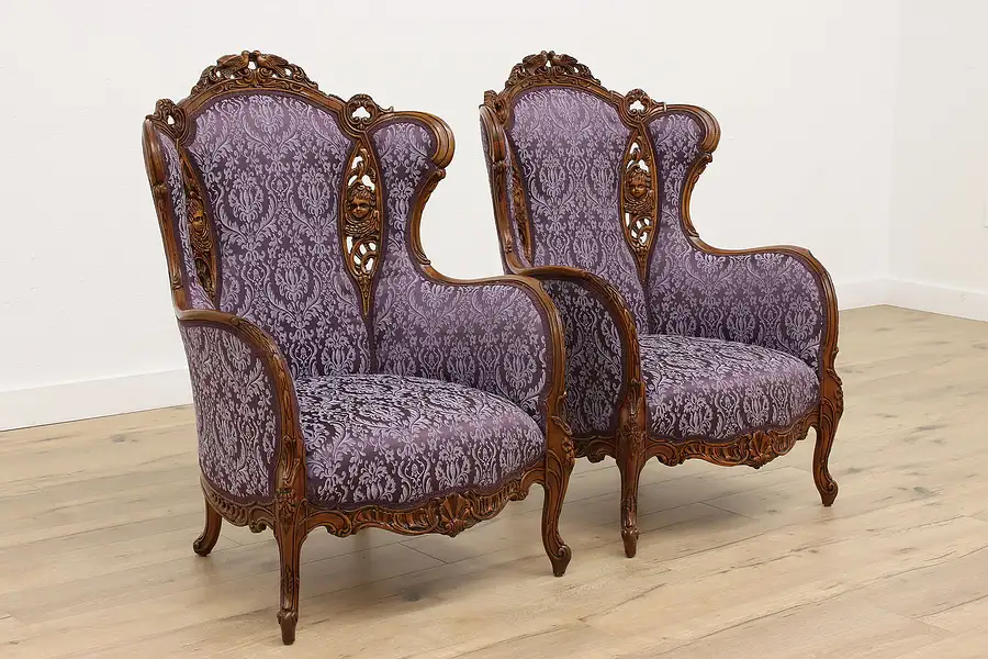 Main image of Pair of French Vintage Music Room Wing Chairs, Cherubs & Doves