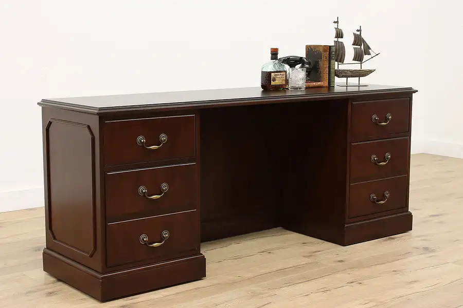 Main image of Traditional Vintage Walnut Office Computer Desk, Credenza, 2 File Drawers