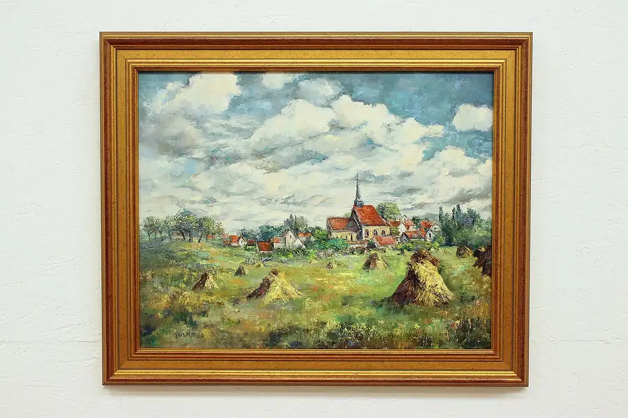 Main image of Country Village with Church Vintage Original Oil Painting, Knowles 34"