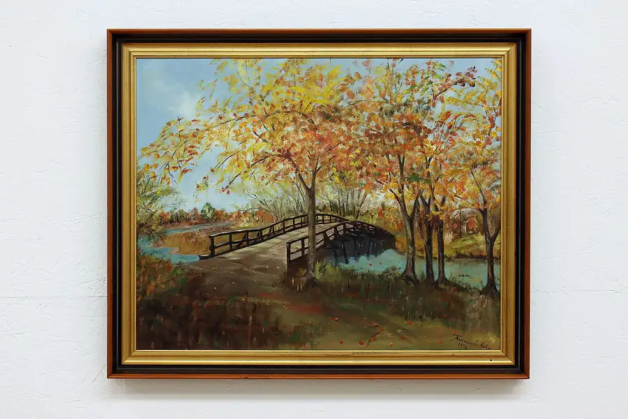 Main image of Wood Bridge & Fall Forest Vintage Original Oil Painting, Kuhn 34"