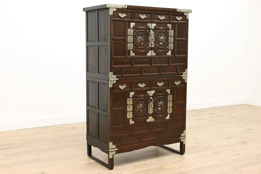 Main image of Korean Vintage Mahogany Stacking Dowry Chest or Cabinet, Birds