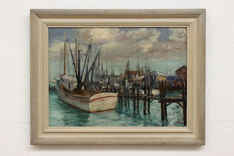 Main image of Marine Harbor w/ Fishing Boats Vintage Original Oil Painting, Pieper 34"