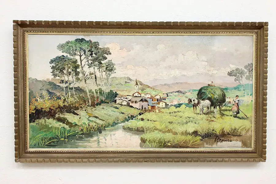 Main image of Villagers at Hay Harvest Time Vintage Original Oil Painting, Arnone 52"