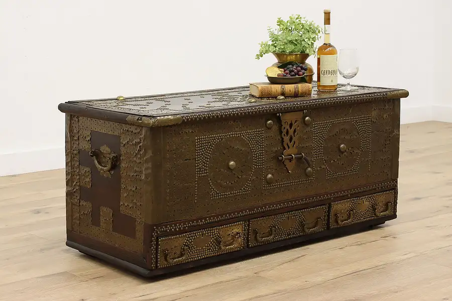 Main image of Rosewood Antique Blanket Chest or Dowry Trunk, Coffee Table, Brass Mounts