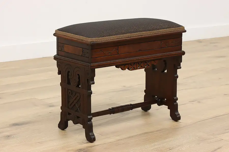 Main image of Victorian Eastlake Antique Carved Walnut & Burl Slipper Bench Footstool