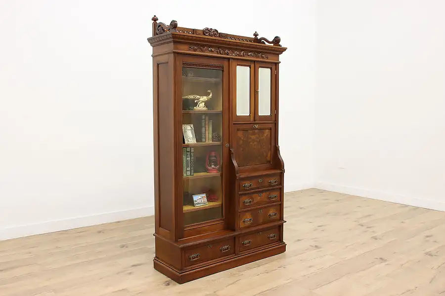 Main image of Victorian Eastlake Carved Walnut & Burl Antique Secretary Desk & Bookcase