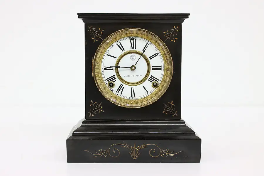 Main image of Victorian Antique Iron Mantel Clock, Porcelain Dial, Ansonia NY