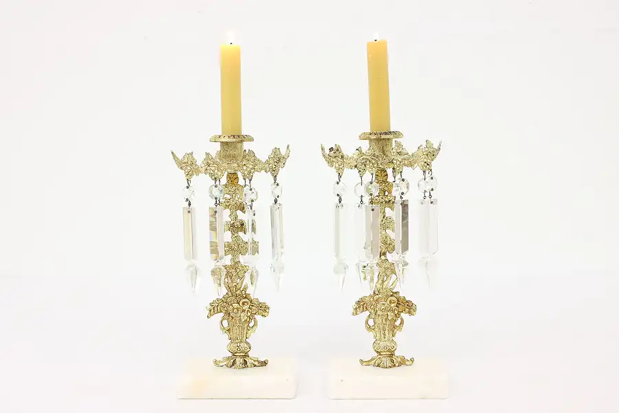 Main image of Pair of Victorian Antique Bronze, Marble & Crystal Girandoles Candelabra