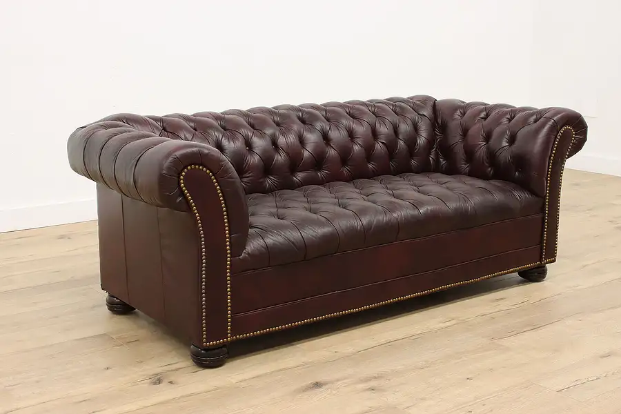 Main image of Chesterfield Tufted Leather Vintage Burgundy Sofa, Brass Nailhead Trim