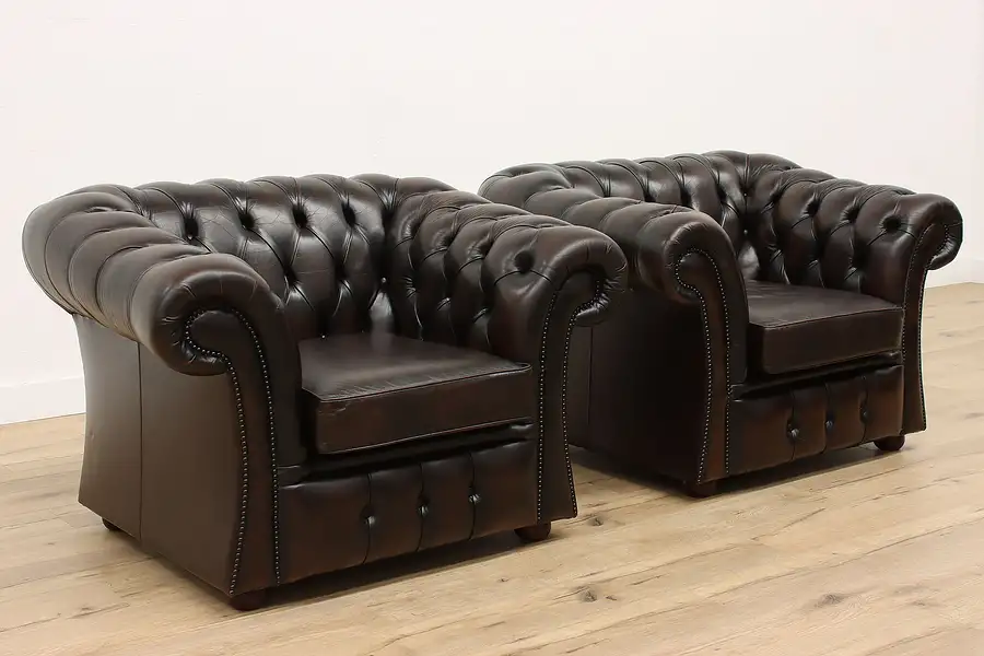 Main image of Pair of Vintage Tufted Leather Chesterfield Library or Club Chairs