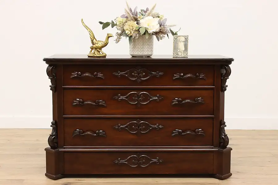 Main image of Victorian Carved Walnut & Rosewood Antique Dresser, Hall or Linen Chest