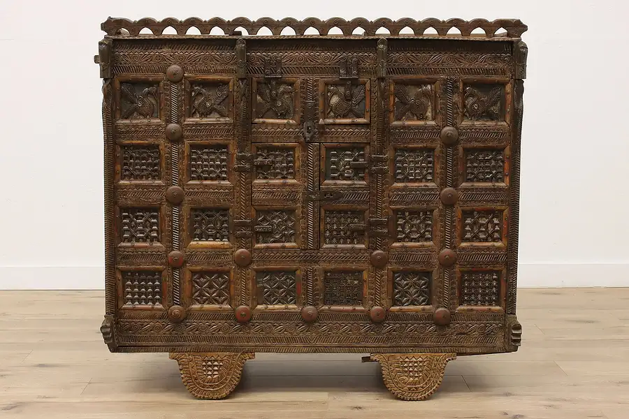 Main image of Bali Vintage Teak Dowry Marriage Chest on Wheels, Carved Horses