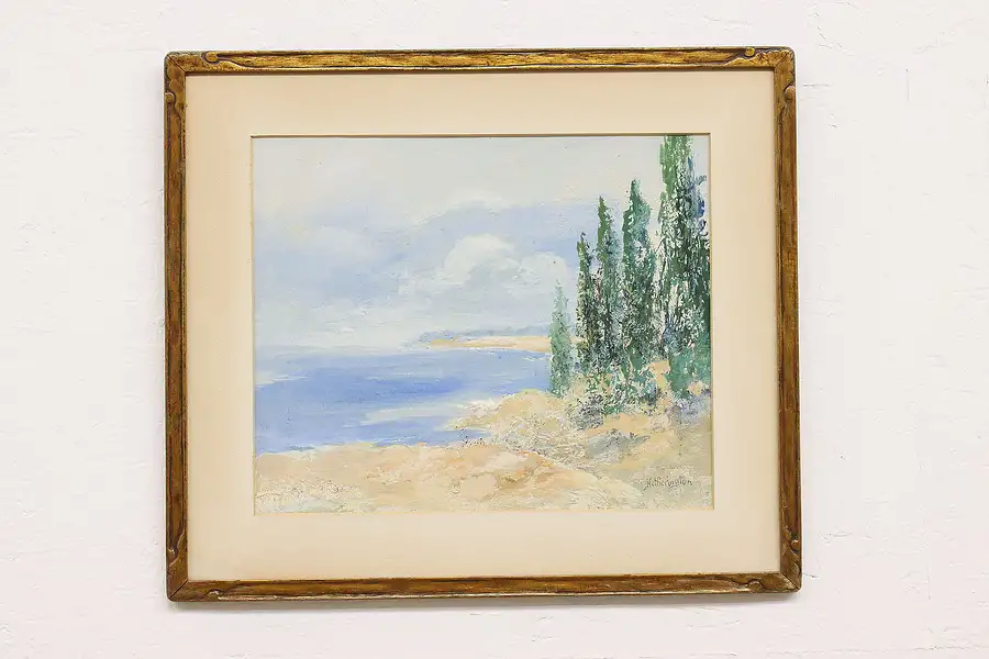 Main image of Lakeshore with Forest & Sky Antique Original Painting, Hetherington 23"