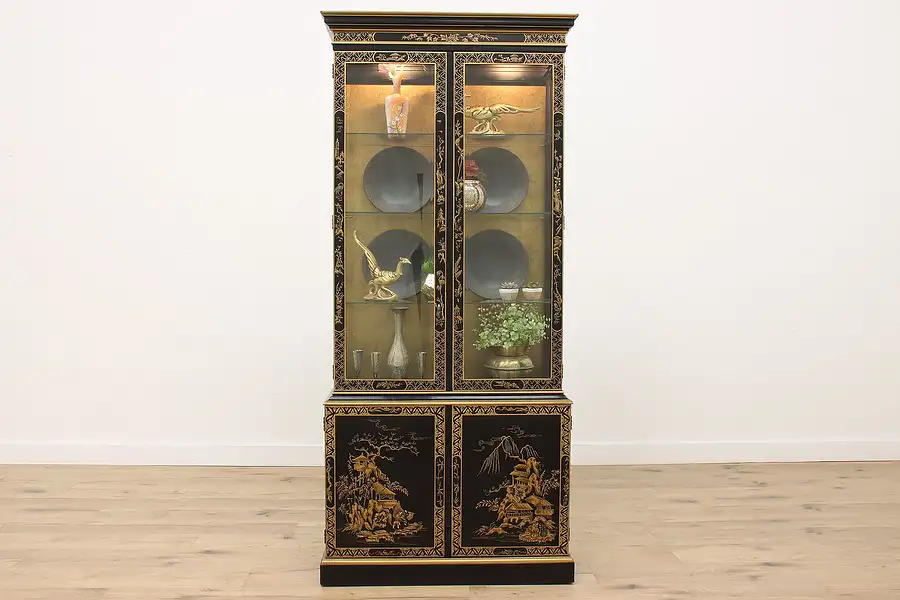 Main image of Chinese Lacquer Vintage China or Display Cabinet, Lighted, Drexel