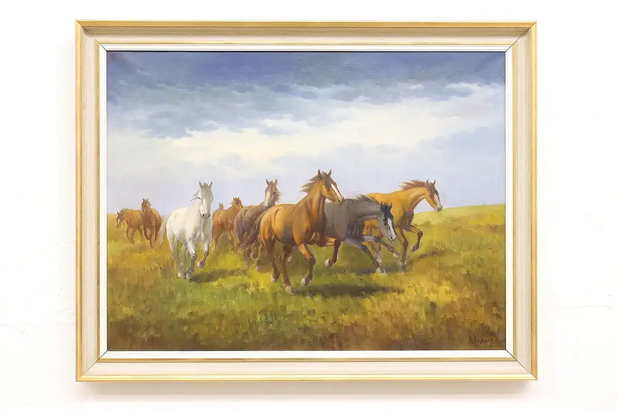 Main image of Wild Mustang Horses Running Vintage Original Oil Painting, Signed 36.5"