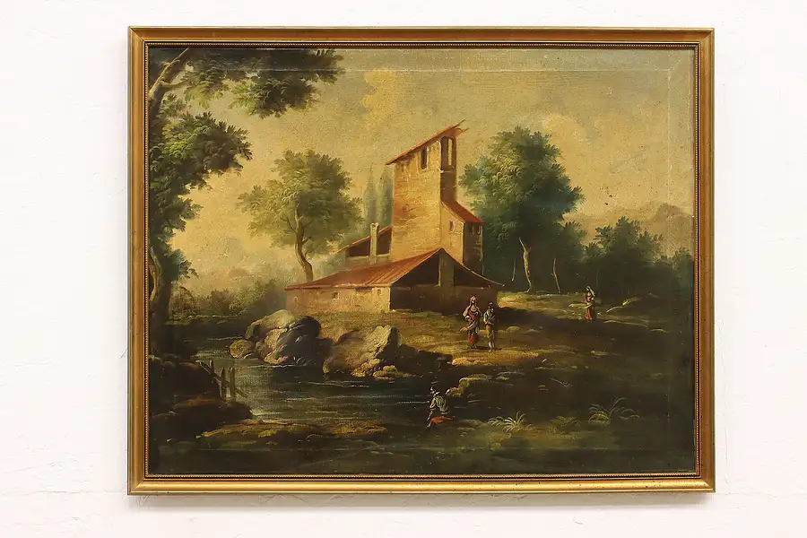 Main image of Old Stone House and River Landscape Antique Original Oil Painting 29.5"