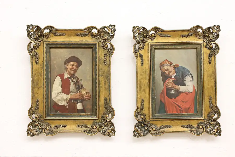 Main image of Pair of Old Couple Portraits Antique Original Oil Paintings 19.5"