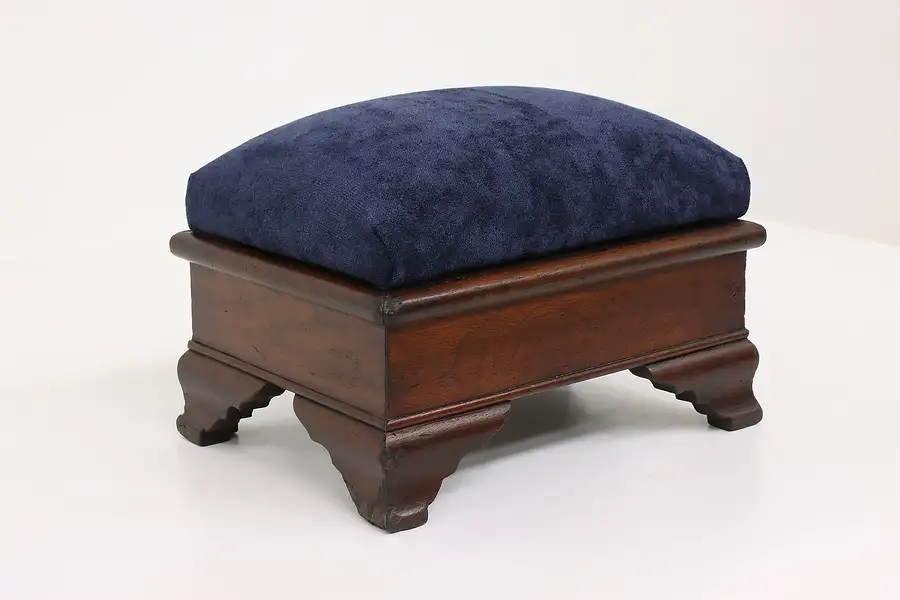 Main image of Empire Antique 1840s Carved Walnut Footstool, New Velvet Upholstery