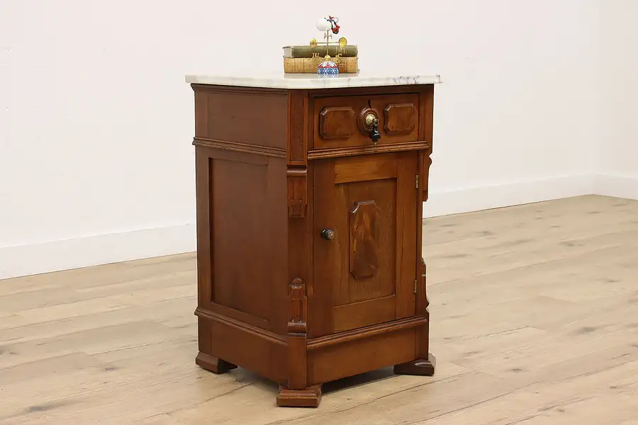 Main image of Victorian Antique Carved Walnut & Burl Nightstand or End Table Marble Top