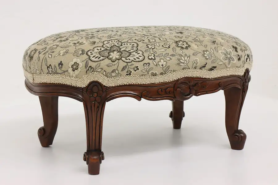 Main image of Victorian Antique Carved French Walnut Oval Footstool, New Upholstery