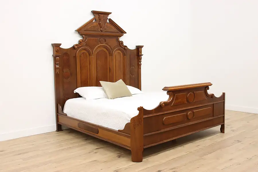 Main image of Victorian Renaissance Antique Carved Walnut & Burl King Size Bed