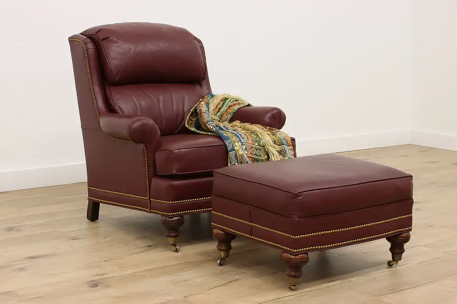 Main image of Traditional Vintage Leather Armchair & Ottoman, Whittemore Sherrill