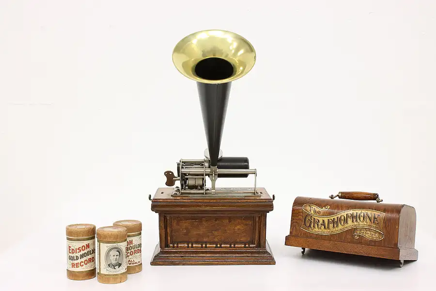 Main image of Graphophone Antique Cylinder Phonograph, Brass Horn, Records