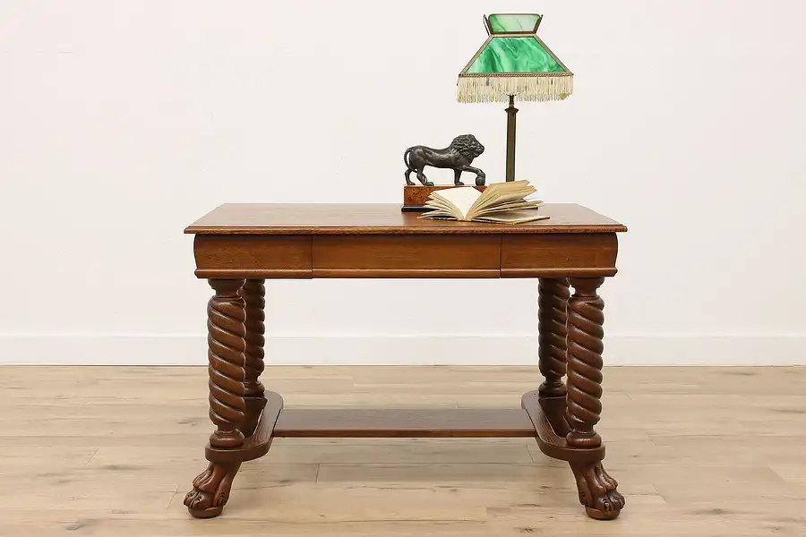 Main image of Victorian Antique Oak Library Table or Office Desk, Carved Lion Feet