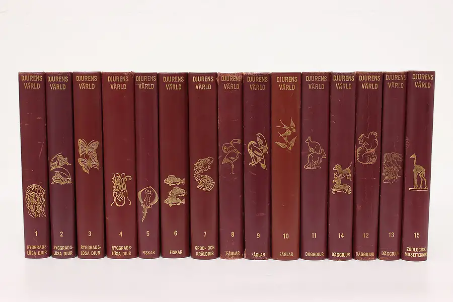 Main image of Set of 15 Leatherbound & Gold Tooled Danish Animal Encyclopedia Books