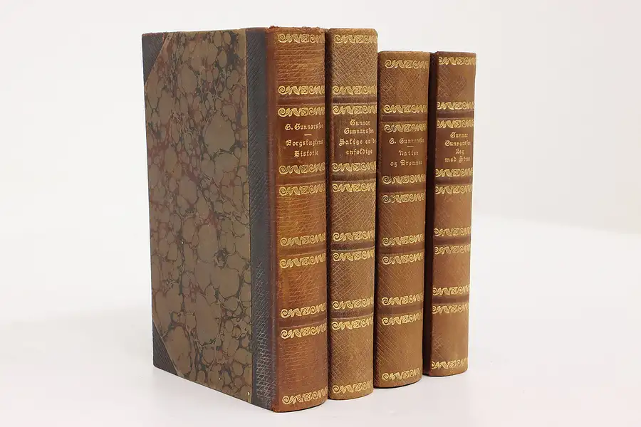 Main image of Set of Four Leatherbound Vintage Books in Danish, Gunnarsson