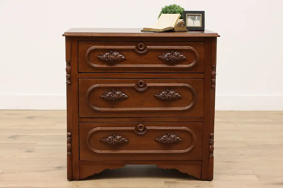 Main image of Victorian Antique Walnut Dresser, Chest or Nightstand, Grape Pulls