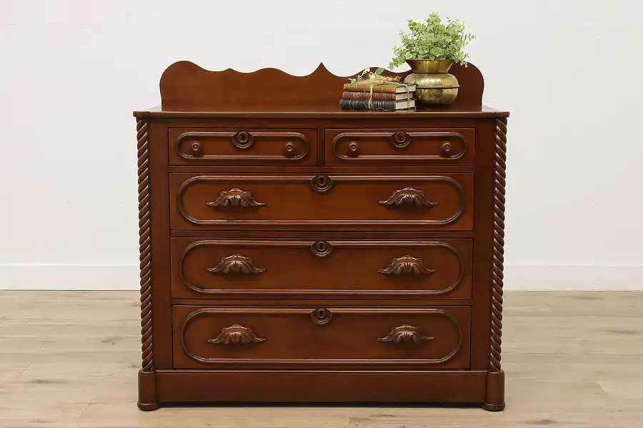 Main image of Victorian Antique Walnut Chest or Dresser, Hand Carved Pulls