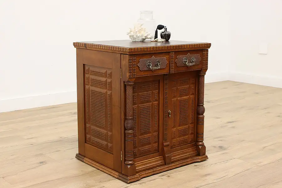 Main image of Victorian Antique Folk Art Oak Sewing or Bathroom Cabinet or Cupboard