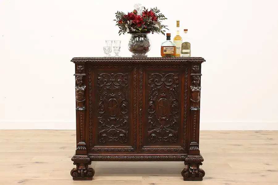 Main image of Renaissance Antique Italian Sideboard, Bar, Hall Console, Carved Figures