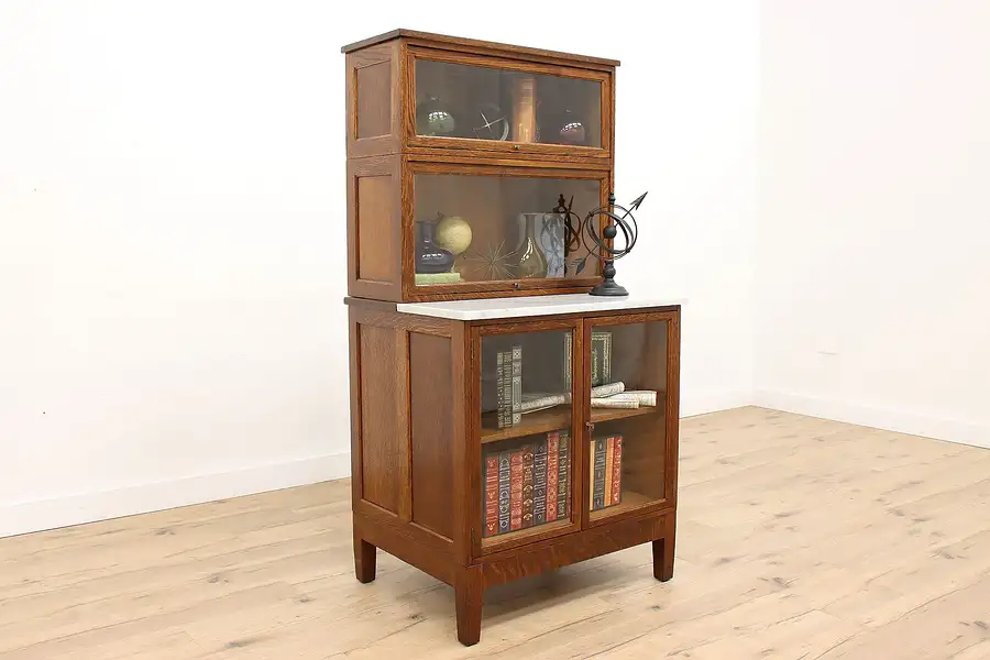 Main image of Arts & Crafts Antique Oak & Marble Bookcase, Bath, Medical Cabinet, Globe