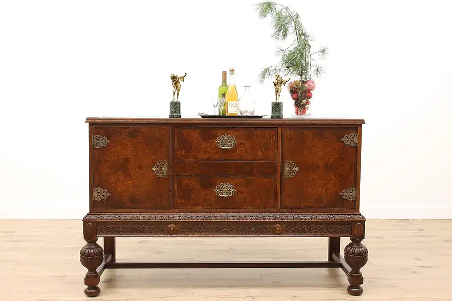 Main image of Tudor Antique Carved Oak & Burl Dutch Buffet, Sideboard or Server