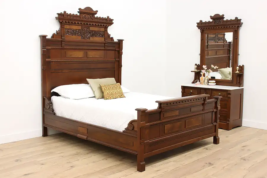 Main image of Victorian Eastlake Antique Walnut 2 Pc Bedroom Set Queen Size Bed, Marble