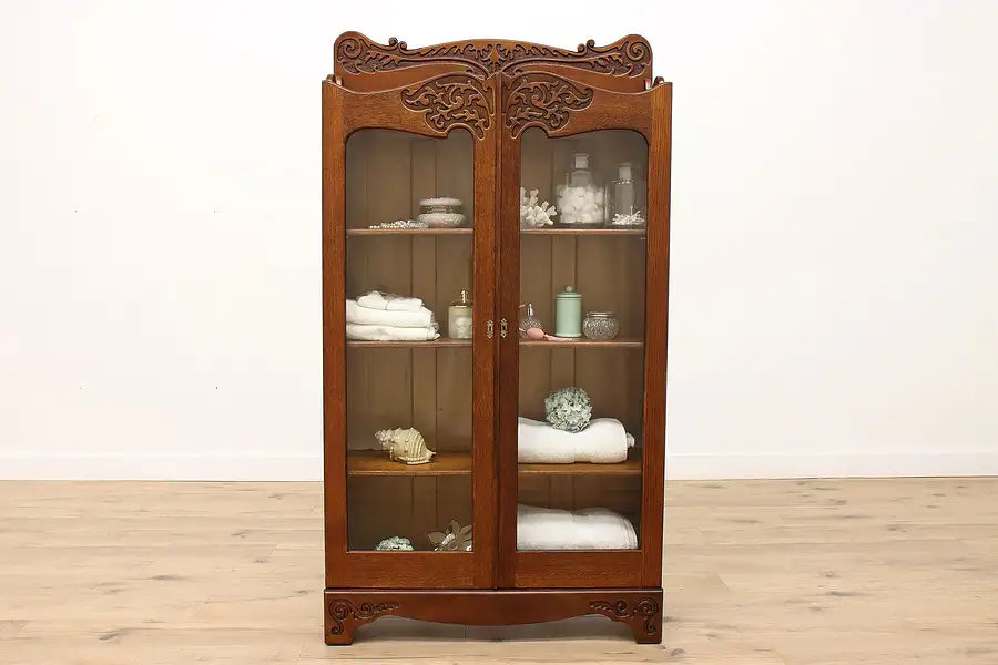 Main image of Victorian Carved Oak Antique Bookcase, China Display or Bathroom Cabinet