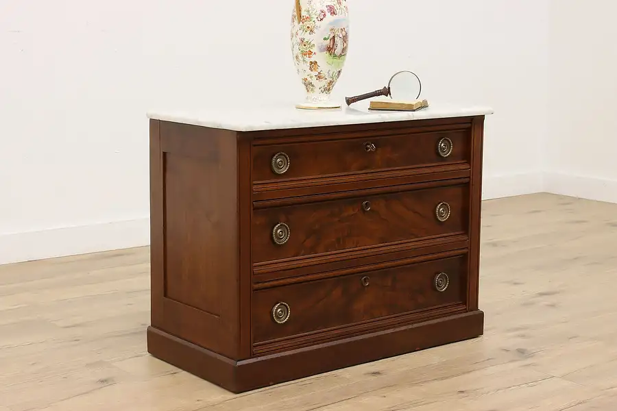 Main image of Victorian Antique Carved Walnut Linen Chest or Nightstand, Marble Top