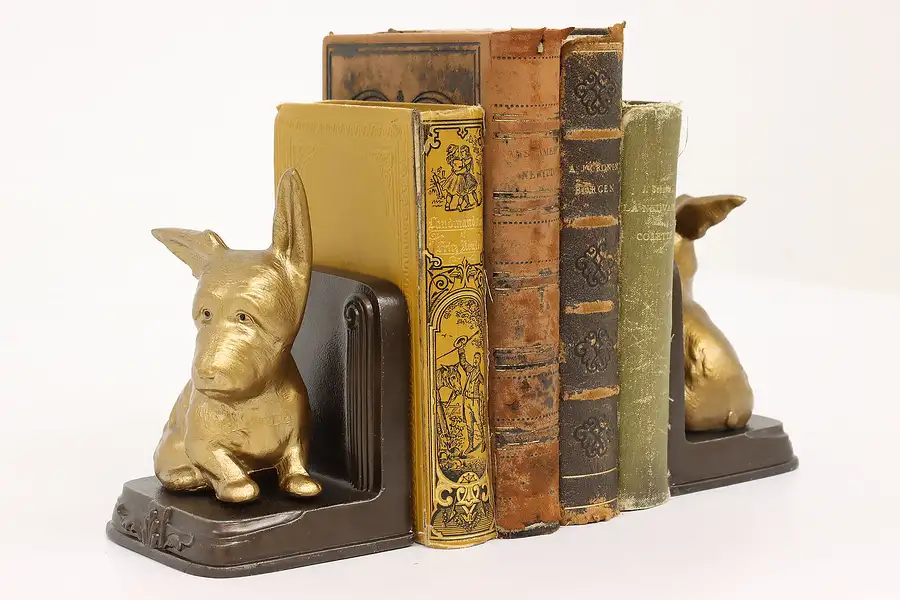 Main image of Pair of Vintage Gold Painted Dog Sculpture Bookends, Nuart