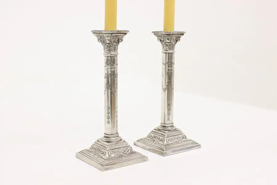 Main image of Classical Pair of Antique English Silverplate Ionic Column Candlesticks