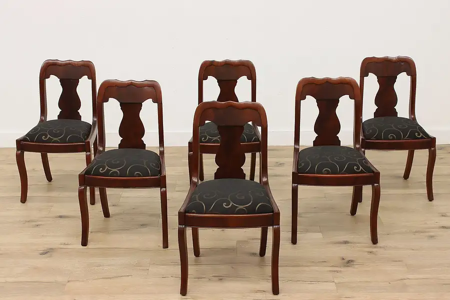 Main image of Set of 6 Antique Empire 1825 Carved Flame Mahogany Dining Chairs