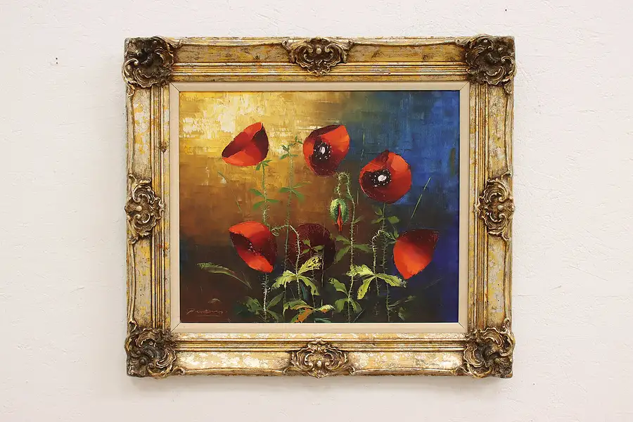 Main image of Red Poppies Vintage Original Oil Painting, Bardoni 33"