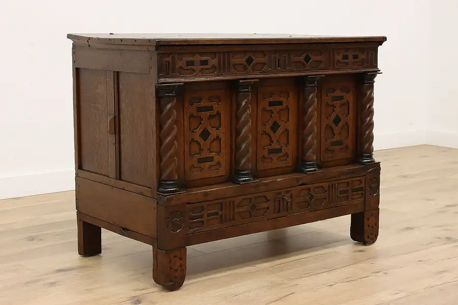 Main image of English Tudor Antique 1700s Carved Oak Dowry or Blanket Chest or Trunk