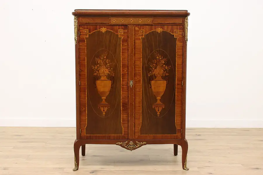 Main image of French Antique Mahogany & Marquetry Linen Press or China Cabinet