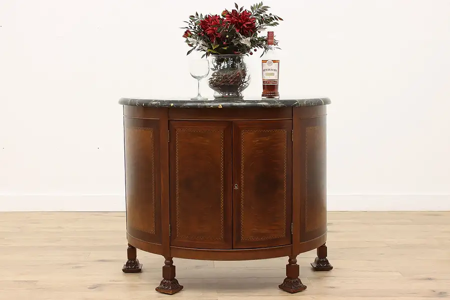 Main image of Marble Top Antique Walnut & Burl Demilune Half Round Chest, Hall Console