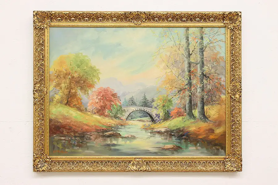 Main image of Autumn Forest & Stone Bridge Vintage Original Oil Painting Melville 44.5"