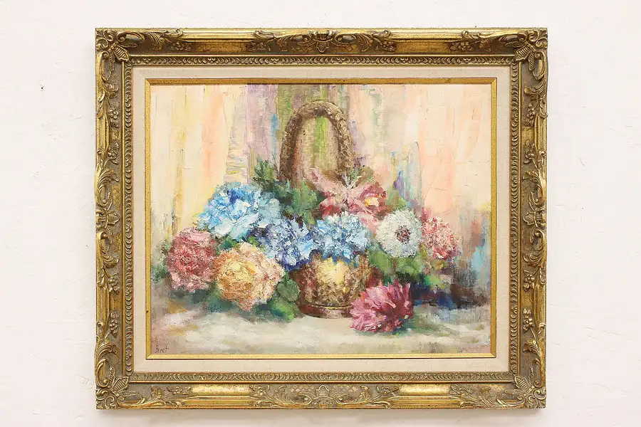 Main image of Blue & Pink Flowers Basket Vintage Original Oil Painting, Feret 26"